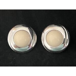 Vintage Monet Ivory Cabochon Silver Tone Rhodium Round 1980s Clip Earrings